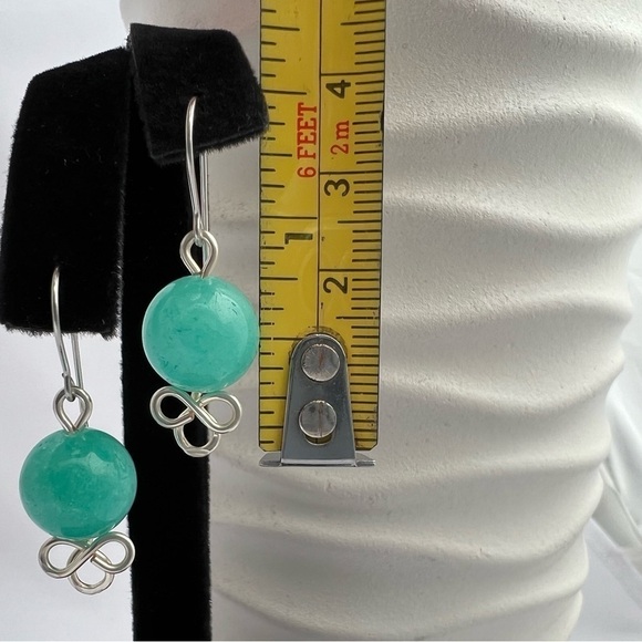 Jade Beaded Wire Wrapped Earrings Blue-Green Hypoallergenic - Picture 6 of 12